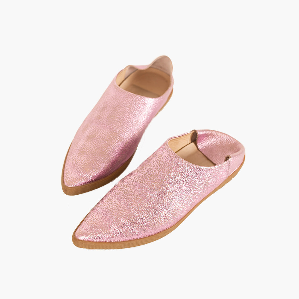 Pink Distressed Metallic Leather Babouche Shoes